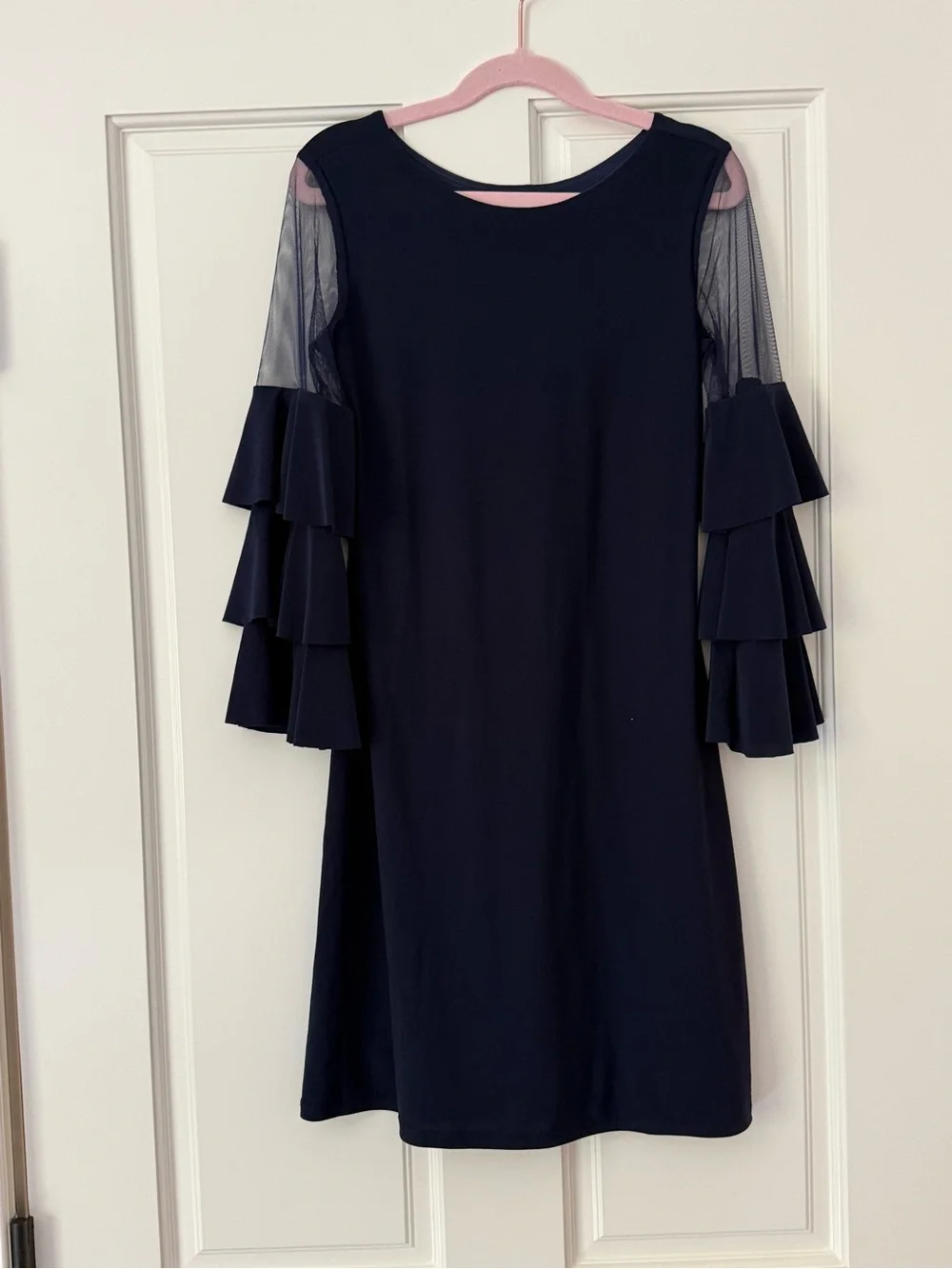 Girls size 12 Un Deux Trois Navy Blue Ruffle Mesh Sleeve Formal Dress